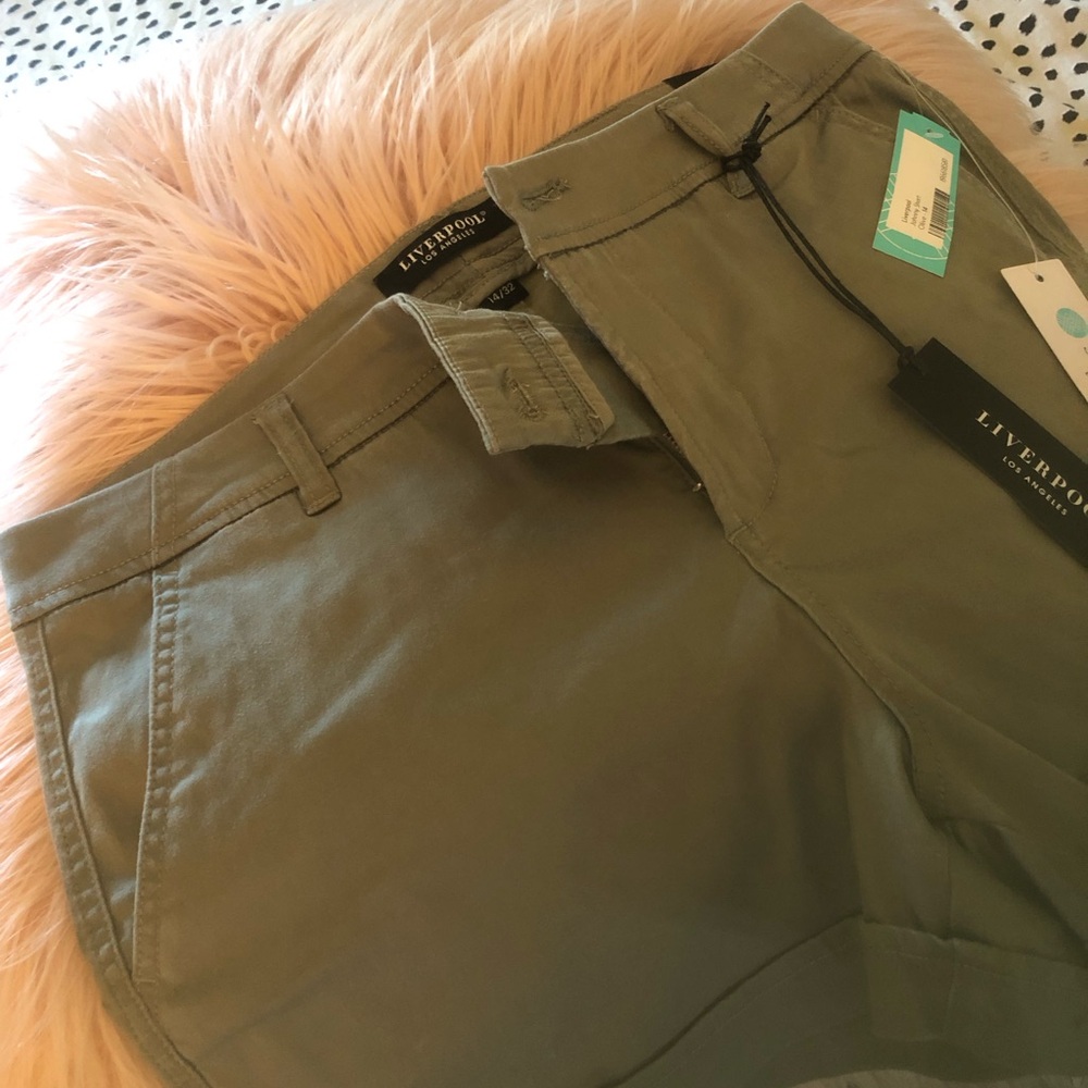Khaki green short shorts.  Part cotton. Soft fabric.